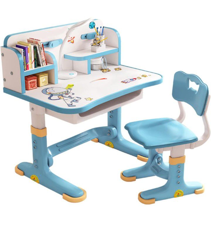 NEW OPEN BOX Cuteam Height Adjustable Childen Study Writing Desk & Chair Set W/ Drawer in BLUE