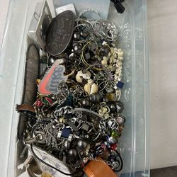 Plastic Bin With Jewelry And collectible rocks