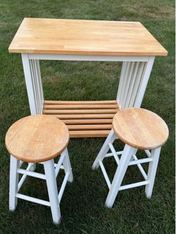 Kitchen Island/Table with Open Shelf Space on Bottom and 2 Stools