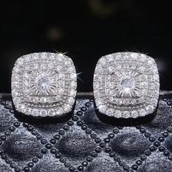 Exquisite Micro Pave 14K White Gold Plated Cubic Zirconia 10mm Men Women Stud Earrings 
