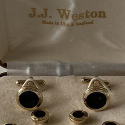Vintage JJ Weston Gold Onyx Cufflinks And Buttons Menswear With Gold Case