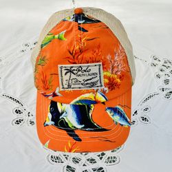 Vintage Polo Ralph Lauren Trucker Hat Fish Print Orange Mesh Cap Y2K Summer New