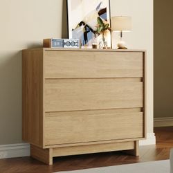 3 Drawer Oak Dresser for Bedroom, 31.5" Wide Mid Century Modern Dresser Dresser with Sleek Handleless Design, Wooden Large Chest of Drawers with Eleva