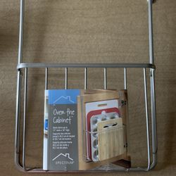 Over the cabinet storage rack for baking pans cutting boards etc. (trays/pans not included- Rack Only)