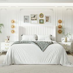 Clearance Full Size Upholstered Platform Bed Frame with Velvet Channel Wingback Headboard, Off White