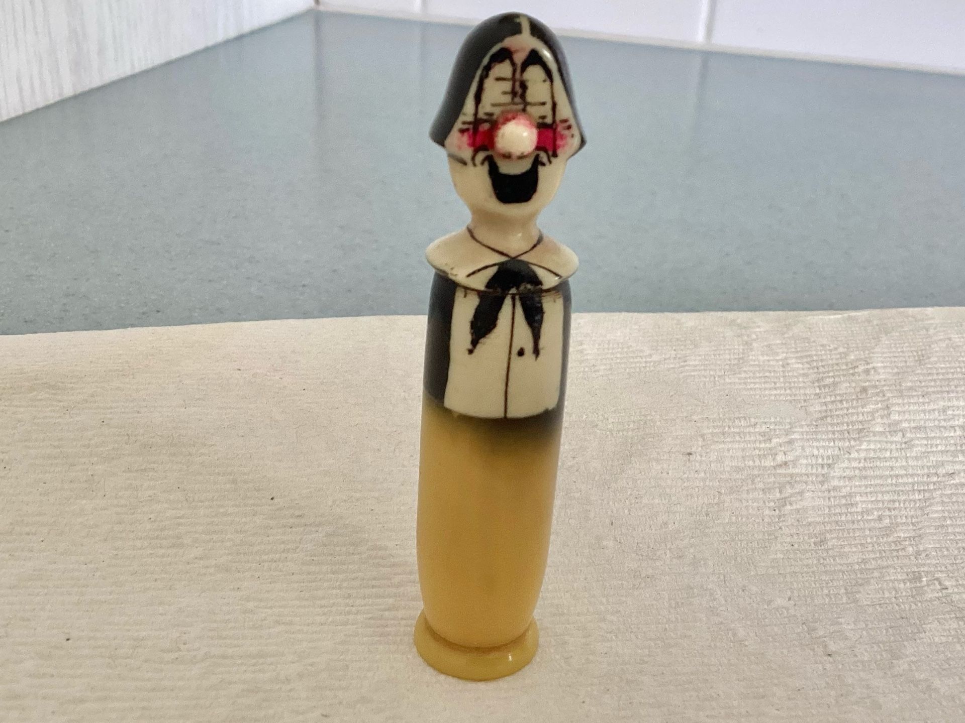 Antique 1920s Travel Sewing Kit Etui Needle Thread Case Bakelite Figural Clown