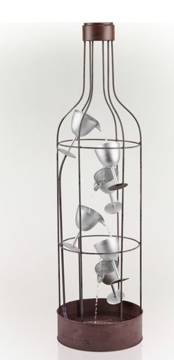 44” Tall metal wine bottle and cup fountain with fairy lights