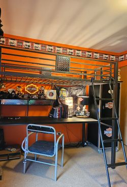 Black Metal Loft Twin Bed  built-in desk,  Chair, and ladder  
And  Black Metal Twin Bed  Headboard