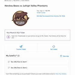2 Tickets, April 02: Hershey Bears Vs. Lehigh Valley Phantoms