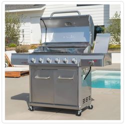 Gourmet Pro 6-Burner Stainless Steel Propane Gas Grill with Searing Side Burner and Griddle Max insert