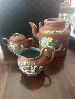 Antique Chinese Yixing Tea Set: Enamelled Flowers & Birds, Zisha Ware, 19th Century
