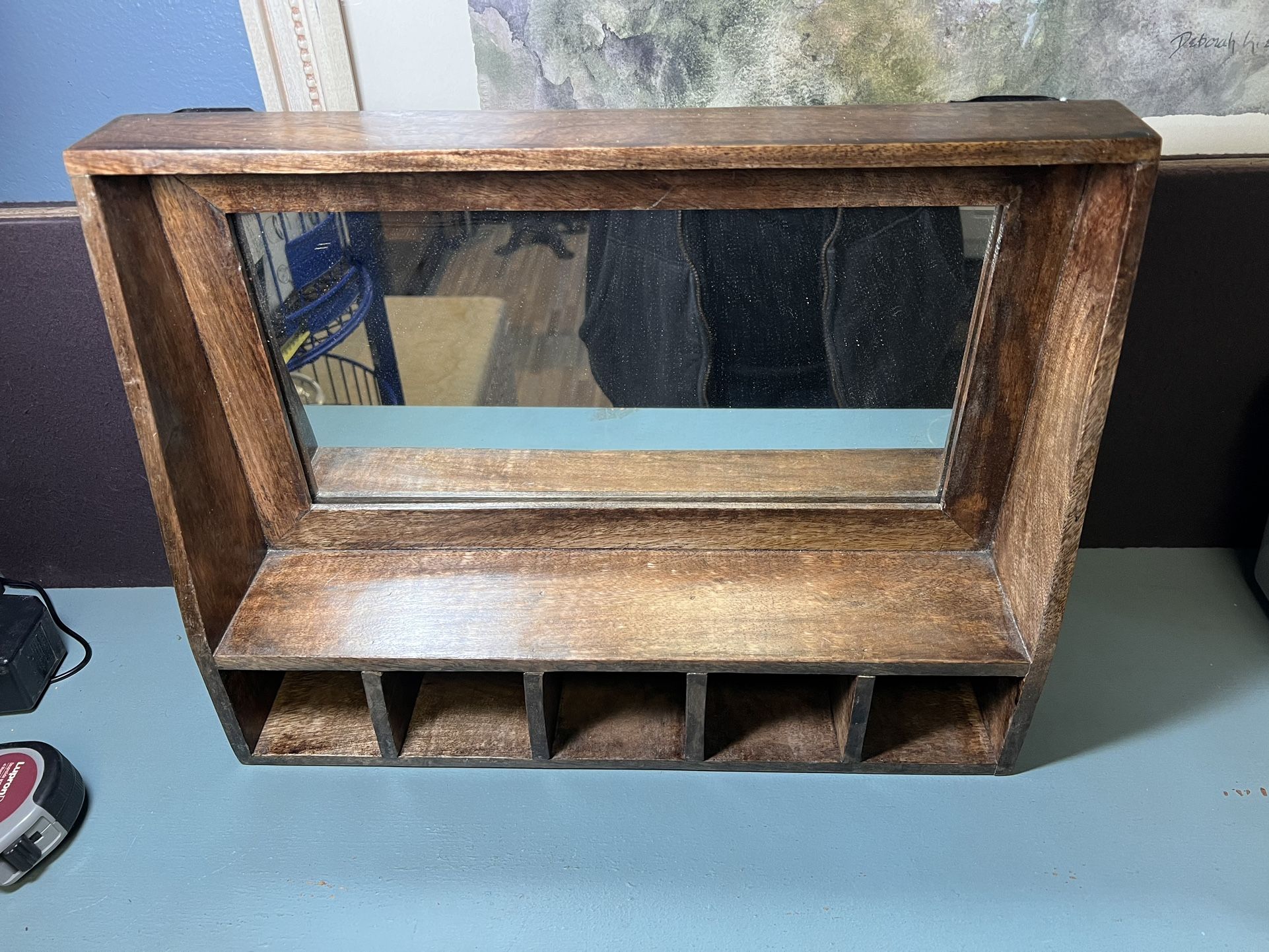 Farmhouse Style Wall Shelf With Mirror And Storage Slots 