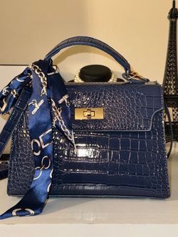 Navy Blue Croc-Embossed Structured Handbag