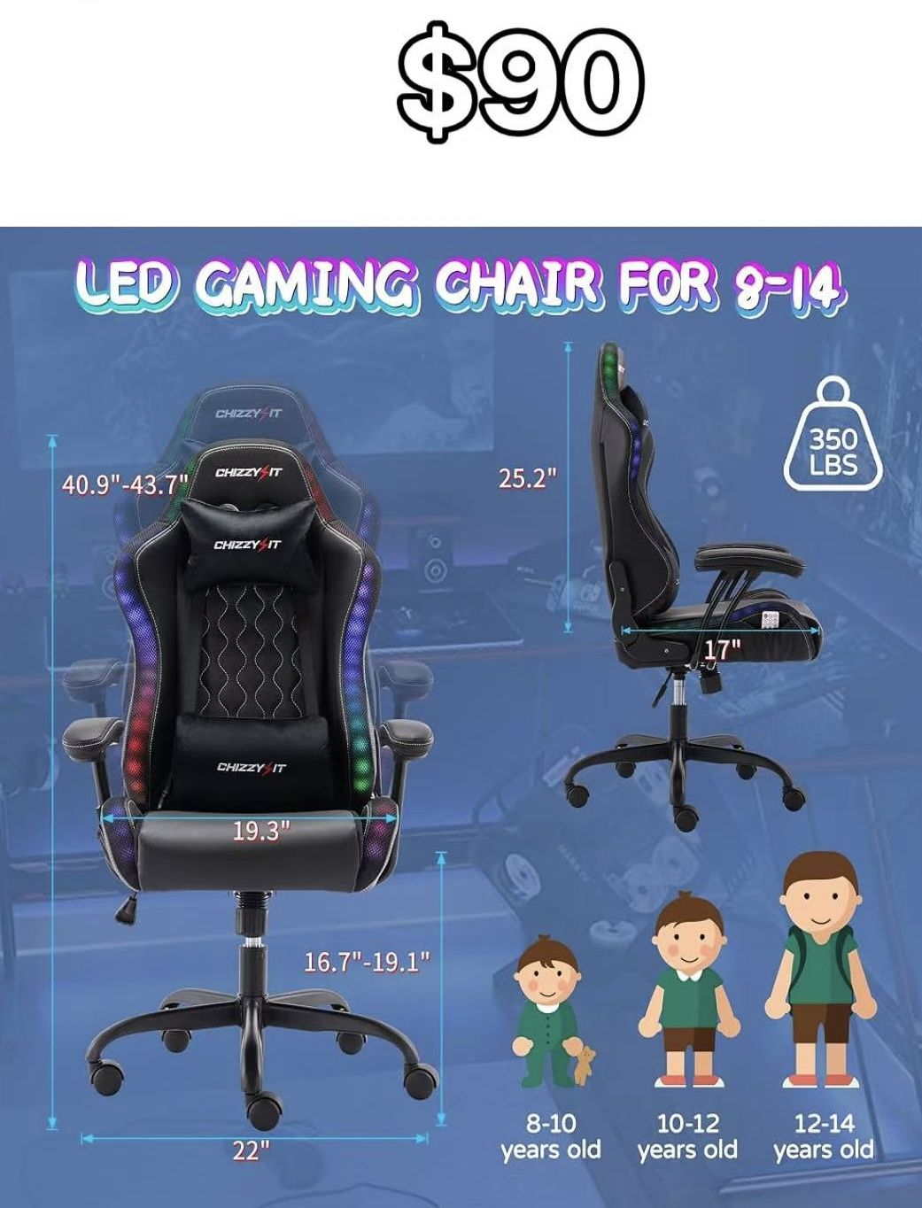 😀 LED Gaming Chair for Kids 8-14,Gaming Chairs for Teens with Adjustable Headrest and Lumbar Support,Ergonomic PVC Leather Kids Gaming Chair with LED