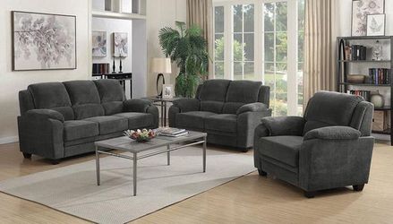 3PC LIVINGROOM SET: SOFA LOVE SEAT AND CHAIR--CHARCOAL