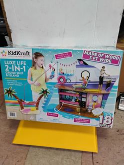 KidKraft Luxe Life 2-in-1 Wooden Cruise Ship & Island Doll Play Set featuring 18 accessories and a 5-foot-wide wooden design