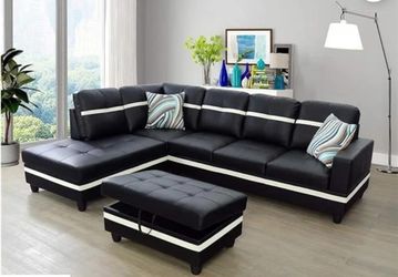 🔥🔥Modern Black L-Shaped Sectional Sofa with Ottoman – Faux Leather🛋🔥🔥