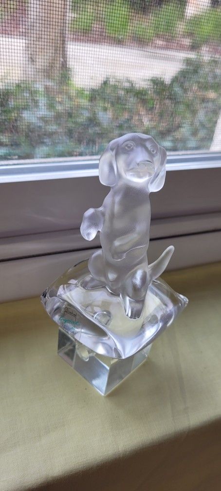 GOEBEL Dachsund Crystal Dog Paperweight Germany Sitting On Pillow Base