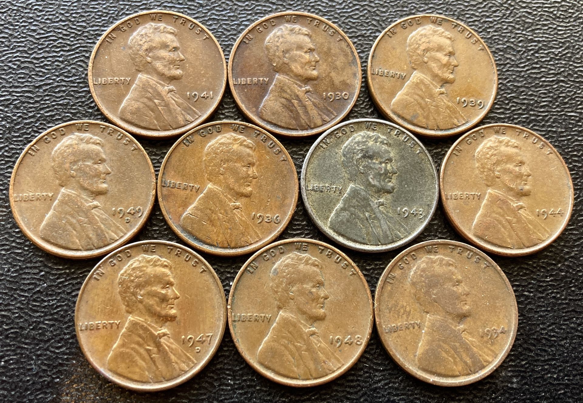 10 Vintage Wheat Cents 1930 To 1949 US Coins Steel 1943 WWII Pennies Penny
