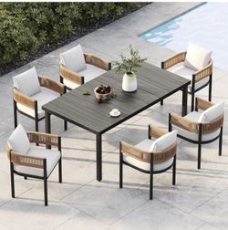 7PCS Grand patio Outdoor Dining,Patio Table and 6 Chairs Set, Metal Woven Wicker Fixed Patio Chairs with Thickened Cushions & Rectangular Woodgrain Di