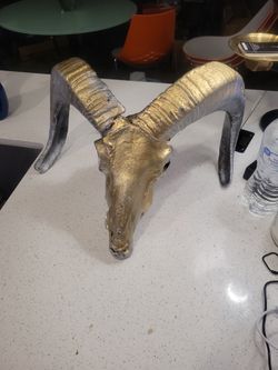 Authentic Long Horned Sheep Skull Painted Gold And Silver 