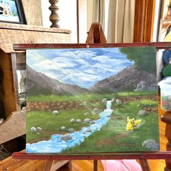 Pikachu Sitting By A Stream With Mountains Painting 