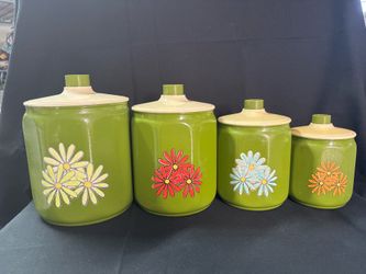 Kromex 4 canister aluminum  set vintage green with flowers