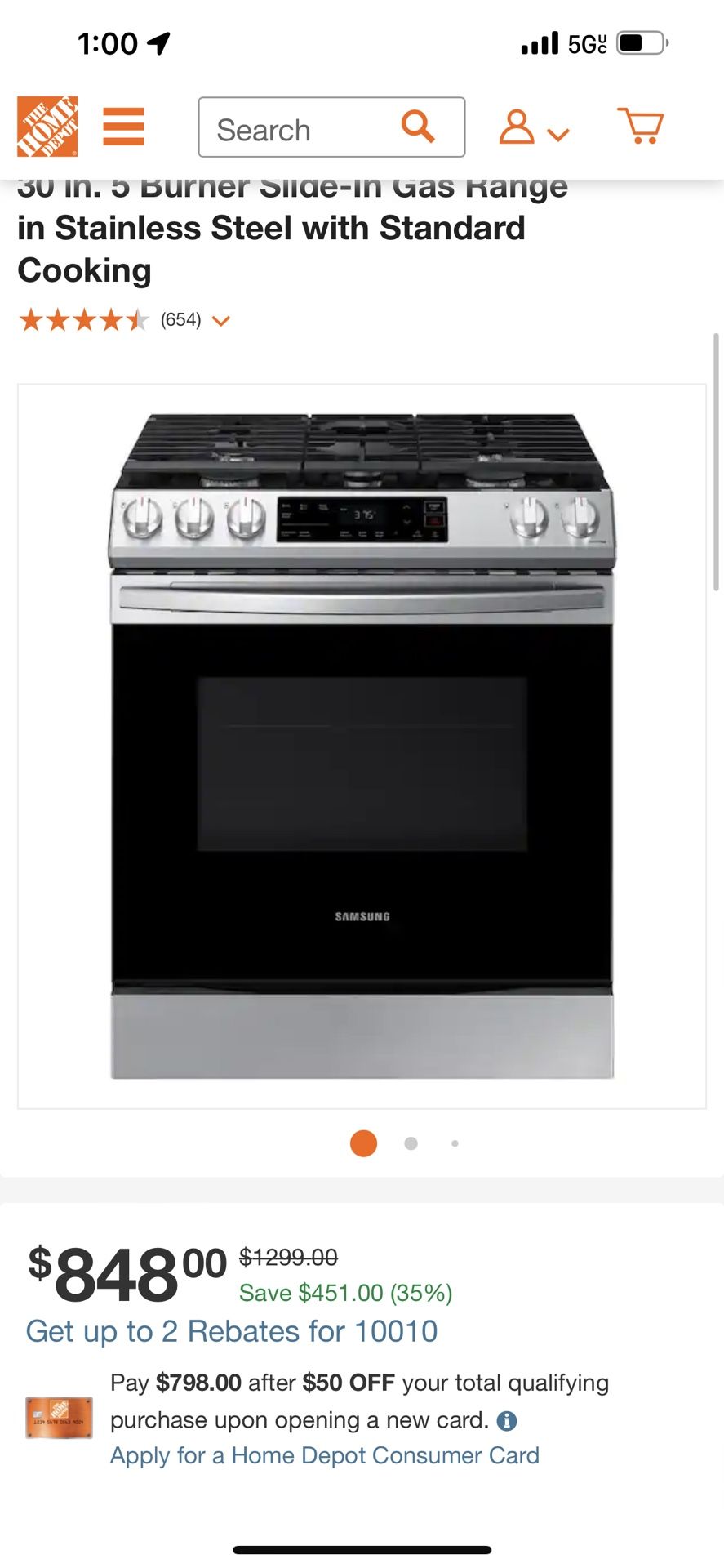 Samsung 30 in. 5 Burner Slide-In Gas Range in Stainless Steel nx60t8111ss