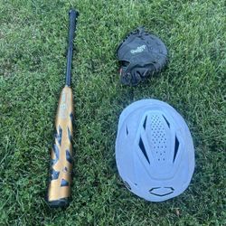 Baseball Package. Demarini Zoa 33 Bat, Left Hand first Base Glove, Batting Helmet