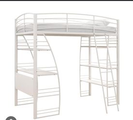 Twin Metal Loft Bed with Built-in Desk & Shelves – Off-White