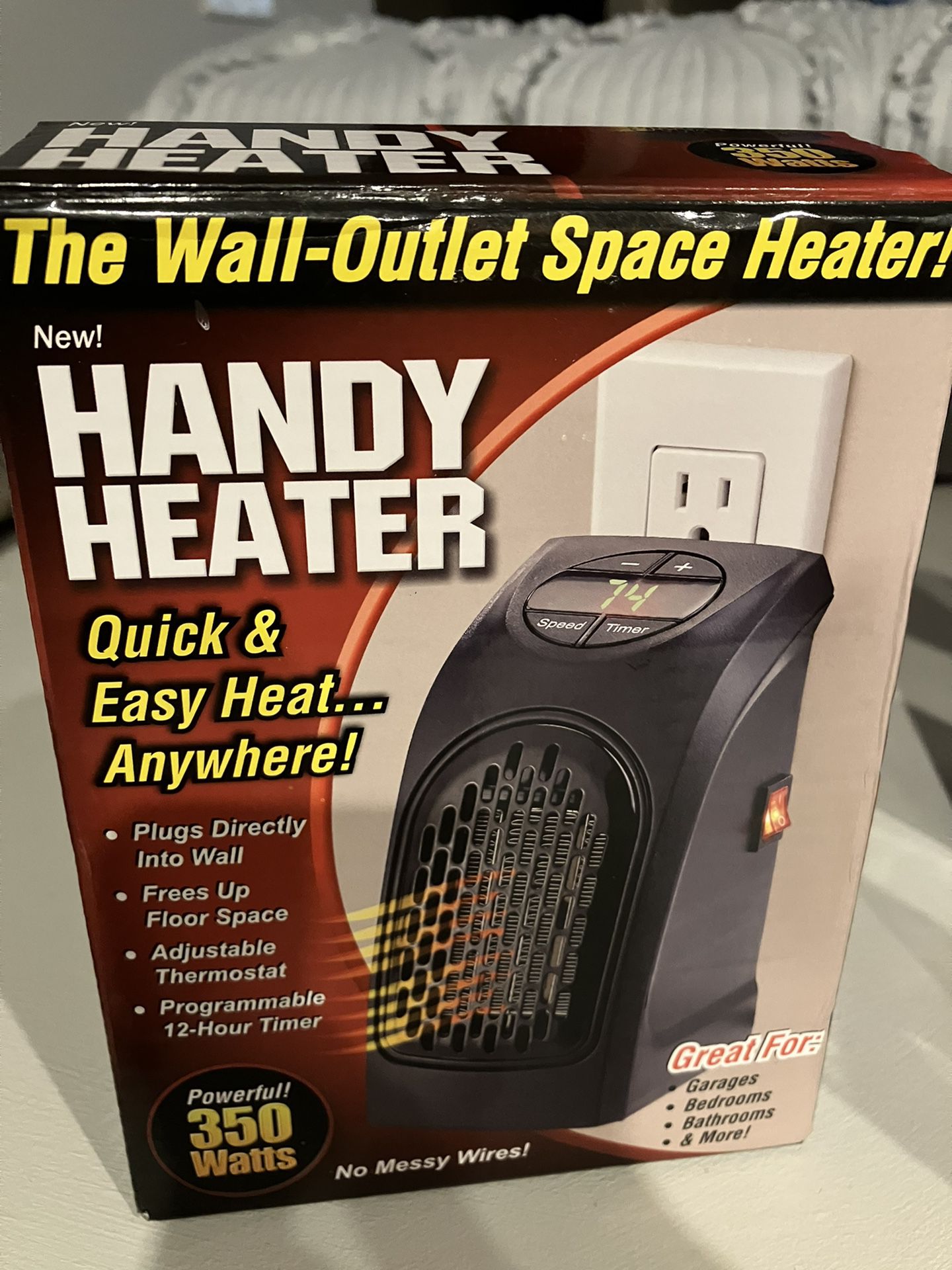 Handy Heater 350 Watts Plugs Directly Into Wall No Messy Wires Adjustable Thermostat Programmable 12 Hour Timer New 