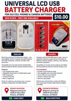 Universal LCD USB Battery Charger for Old Cell Phones & Camera Batteries – New in Box