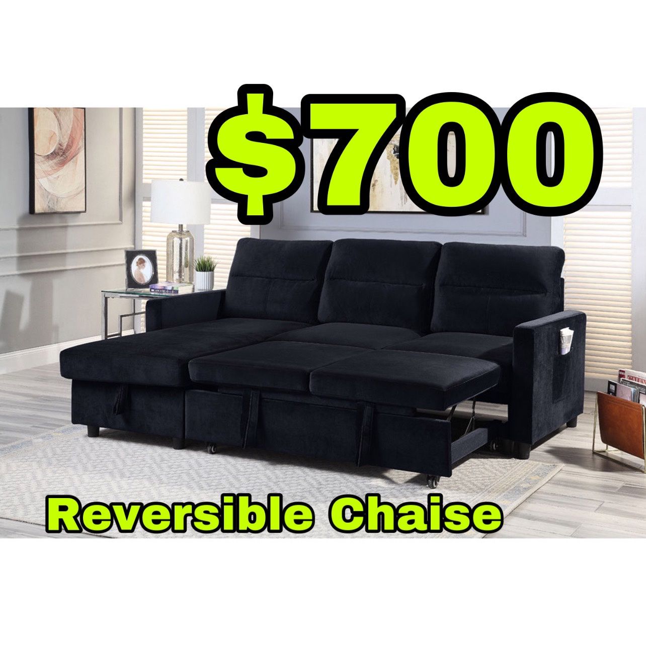 Beautiful New Sectional Sofa Bed W/ Reversible Storage Chaise in Black Velvet Only $700!!!
