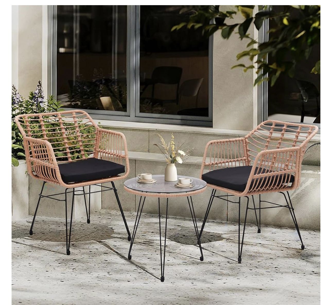 3 Pieces Wicker Patio Bistro Furniture Set, Includes 2 Chairs and Glass Top Table, Ideal for Porch, Outdoor, Backyard, Apartment, Balcony Natural Colo