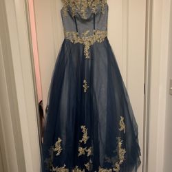 One of a kind Prom/Quince dress. Blue with gold appliqués.