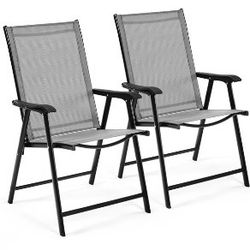 Set of 2 Outdoor Texteline Folding Dining Chairs with Backrest/ Armrests, All Weather Chairs for Garden/ Lawn/ Porch/ Backyard Pool