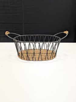 Rustic Oval Wire and Woven Rattan Basket with Handles
