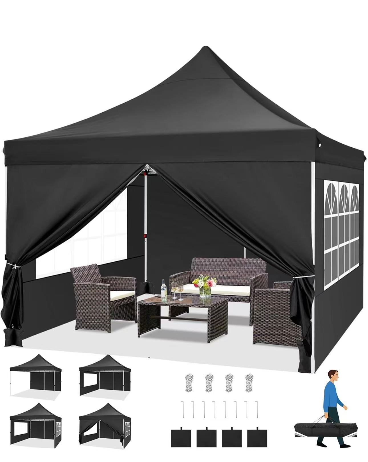 COBIZI Canopy 10x10 Pop Up Canopy Tent with 4 Sidewalls, Commercial Party Tent Ez Waterproof Outdoor Instant Gazebo UV 50+ Event Shelter, Garden Tents