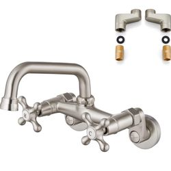 Airuida Wall Mounted Faucet Kitchen Brushed Nickel 6 Inch(15cm) Spout Reach Adjustable Center Double Cross Handles 3 Inch to 9 Inch Hot and Cold Water