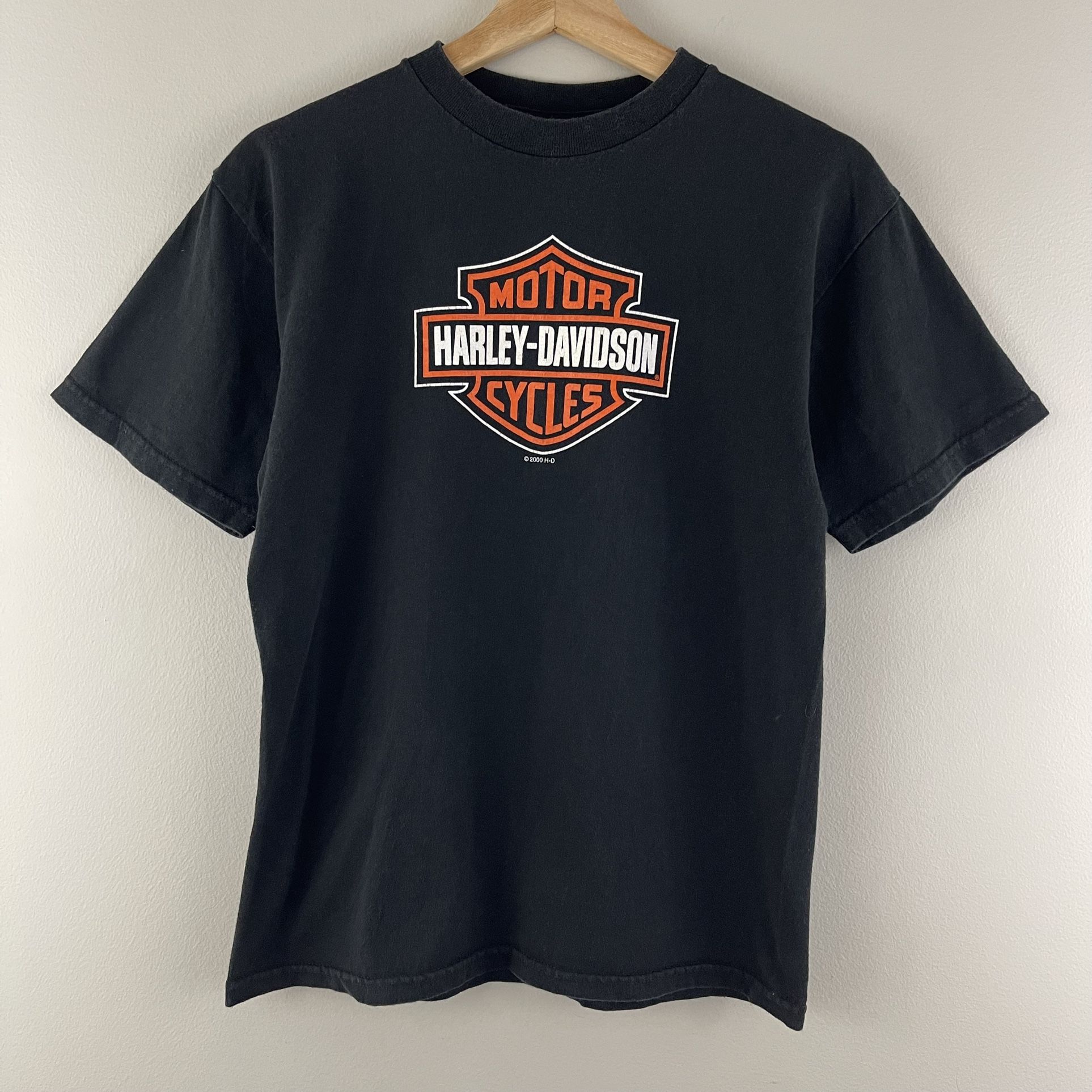 HARLEY DAVIDSON Vintage Y2K Black Orange Large Emblem Logo Moto Graphic Tee