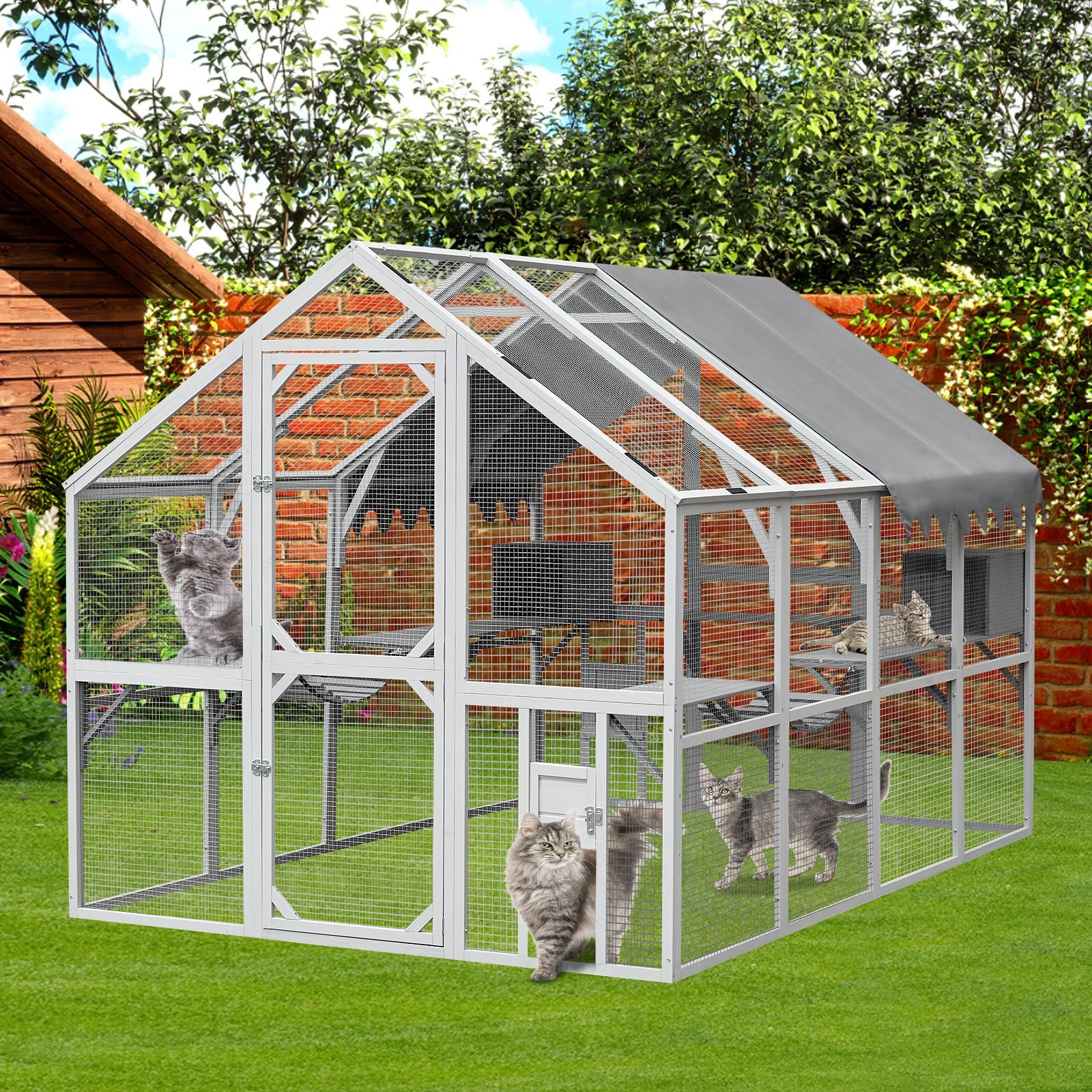 Outdoor Cat House Cat Enclosures 110 Large Kitten Playpen with PlatformsUpgrade Waterproof Cover Grew&White