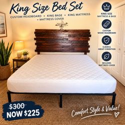 King-Size Bed with Custom Headboard & Mattress