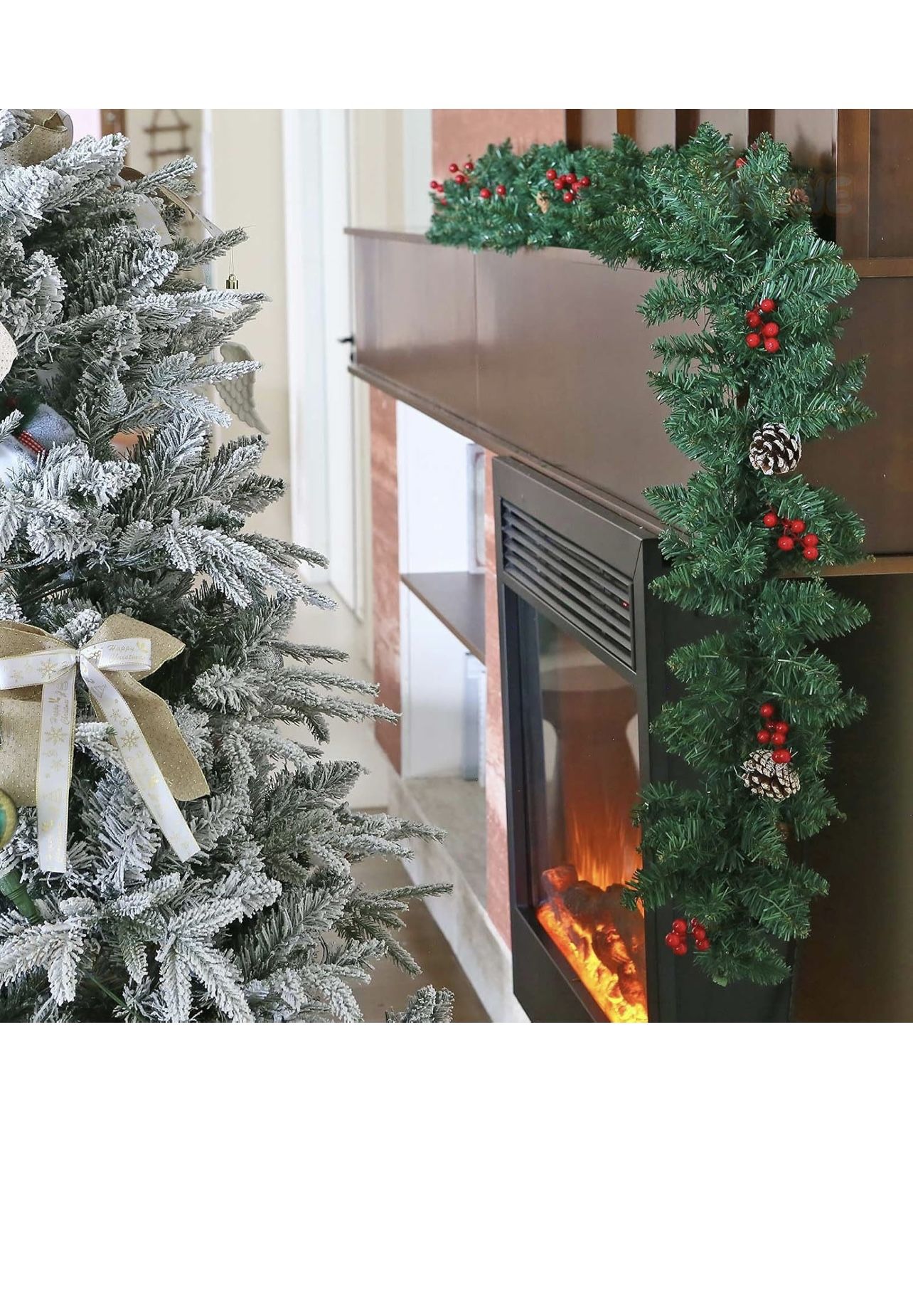 Christmas Garland, 9 Ft Artificial Realistic Green Christmas Garlands with 20 Pine Cones 15 Red Berry Vine Plants for Indoor Outdoor Home Fireplace Ma