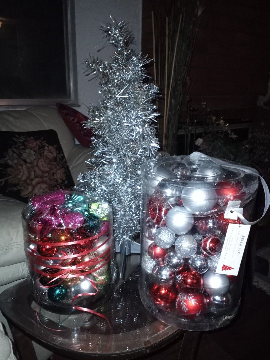 Tensil Xmas Tree Silver Small + Ornaments Red Gold Bows Glitter Disco Lot