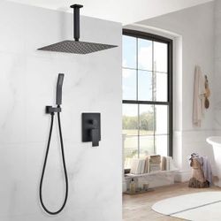 NEW Single Handle 1-Sprayer 12 inch Square Rain Shower Faucet with Handheld Shower In Matte Black (Valve Included) Set