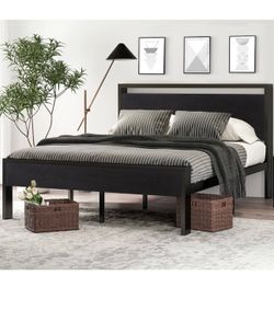 14 Inch Queen Size Metal Platform Bed Frame with Wooden Headboard and Footboard, Mattress Foundation, No Box Spring Needed, Large Under Bed Storage, N