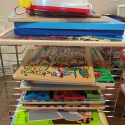 Lot Of Bible Story Wood Puzzles w/Storage Racks
