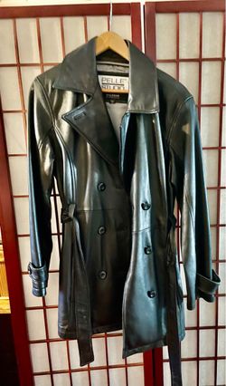 Wilsons Pelle Women SMALL 100% Leather Black Jacket Coat Double Breasted Belted