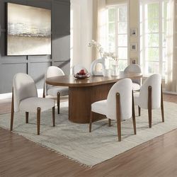 💎DARK OAK FINISH 7 PIECE DINING TABLE SET OVAL TOP WHITE FABRIC COMEDOR MESA SILLAS💎