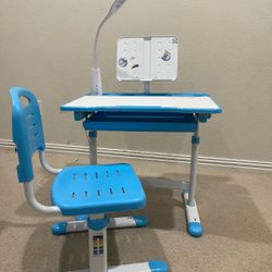 Kids Desk and Chair Set, Height Adjustable Children School Study Desk with Bookstand, LED Lamp, Metal Hook and Storage Drawer for Boys Girls, (Blue)  